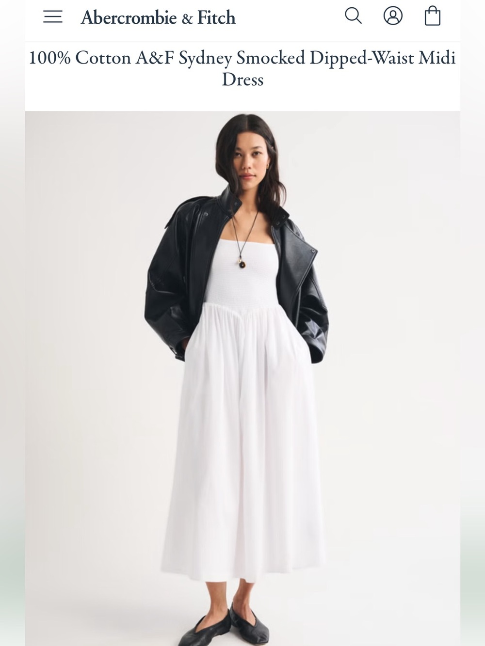 NWT A&F 100% Cotton Sydney Smocked Dip Waist Midi Dress - White - Small